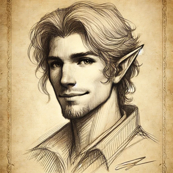 DALL·E 2025-01-07 10.18.38 - A sketch in the style of Leonardo da Vinci, drawn in pencil on beige parchment paper. It depicts a three-quarter view of an elf man with a noble yet s